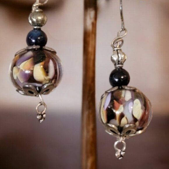 Beaded Earrings in Brown, Ivory and Black with Silver Backing NEW - Picture 2 of 2
